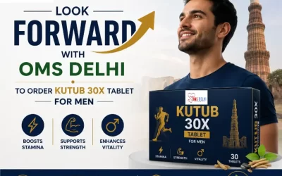 Promotional banner featuring OMS Delhi Kutub 30X Tablet for Men with a confident male model, product packaging, wellness icons, and a motivational "Look Forward" message.