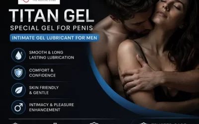 Promotional banner for TITAN GEL Special Gel for Men featuring a couple and highlighting intimate lubrication, comfort, confidence, and men's wellness by Oms Delhi.