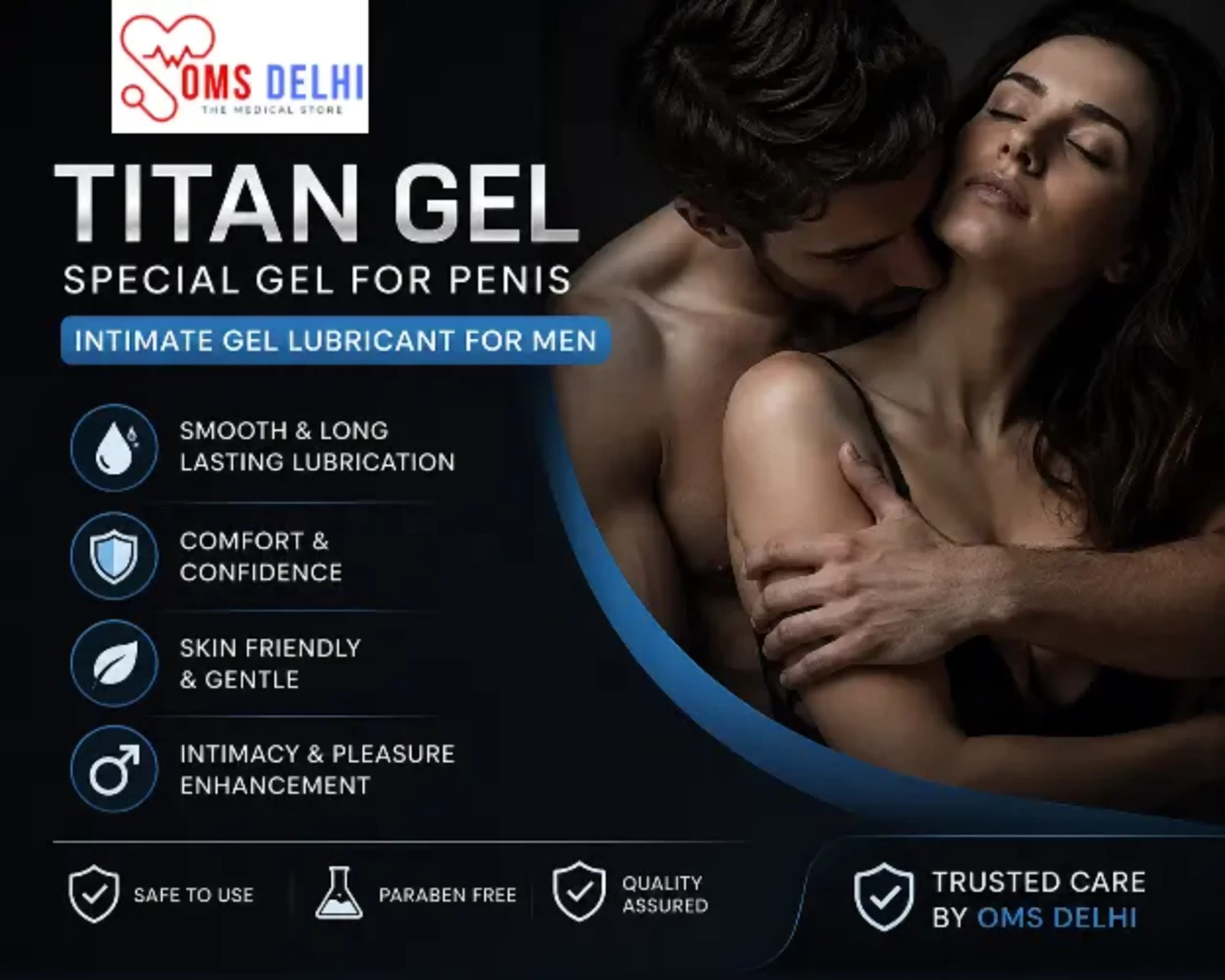 Promotional banner for TITAN GEL Special Gel for Men featuring a couple and highlighting intimate lubrication, comfort, confidence, and men's wellness by Oms Delhi.