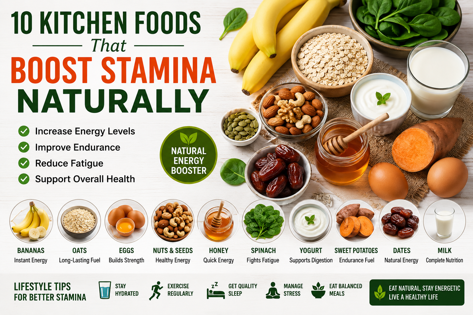 Increase stamina naturally with nutrient-rich kitchen foods including bananas, oats, eggs, nuts, honey, spinach, yogurt, sweet potatoes, dates, and milk for sustained energy and endurance.