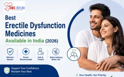 Happy Indian couple smiling confidently with healthcare icons representing erectile dysfunction treatment options in India, featured by OMS Delhi.