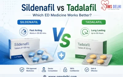 Infographic comparing Sildenafil and Tadalafil for erectile dysfunction treatment, showing differences in onset time, duration, and effectiveness.