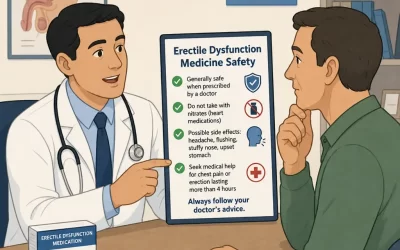 AI-generated illustration of a doctor explaining erectile dysfunction medicine safety to an adult patient