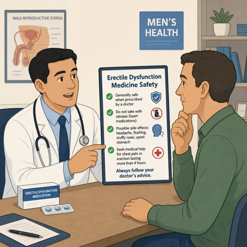 AI-generated illustration of a doctor explaining erectile dysfunction medicine safety to an adult patient