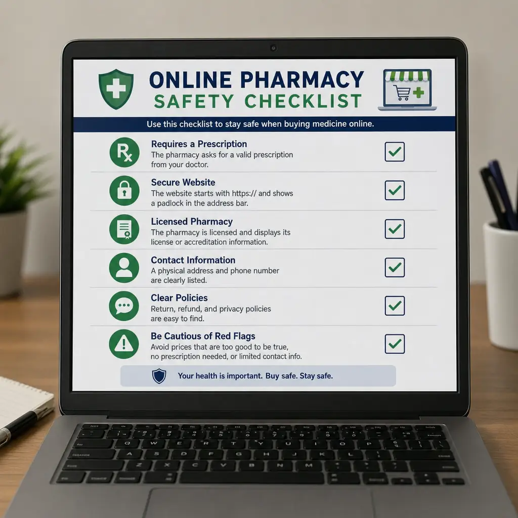 Buy ED Medicines Online pharmacy safety checklist on laptop screen