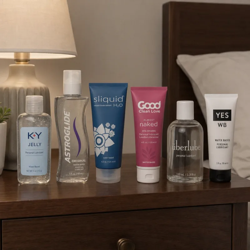 Selection of sexual lubricant bottles and personal lubricant products for intimate wellness