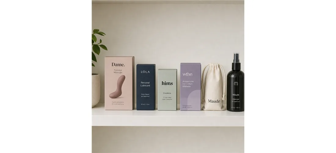 Curated sexual wellness products including condoms, lubricants, sprays, and tablets