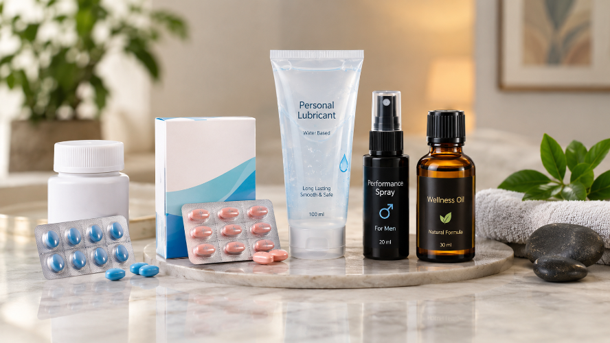 Sexual wellness products including tablets, sprays, oils and lubricants